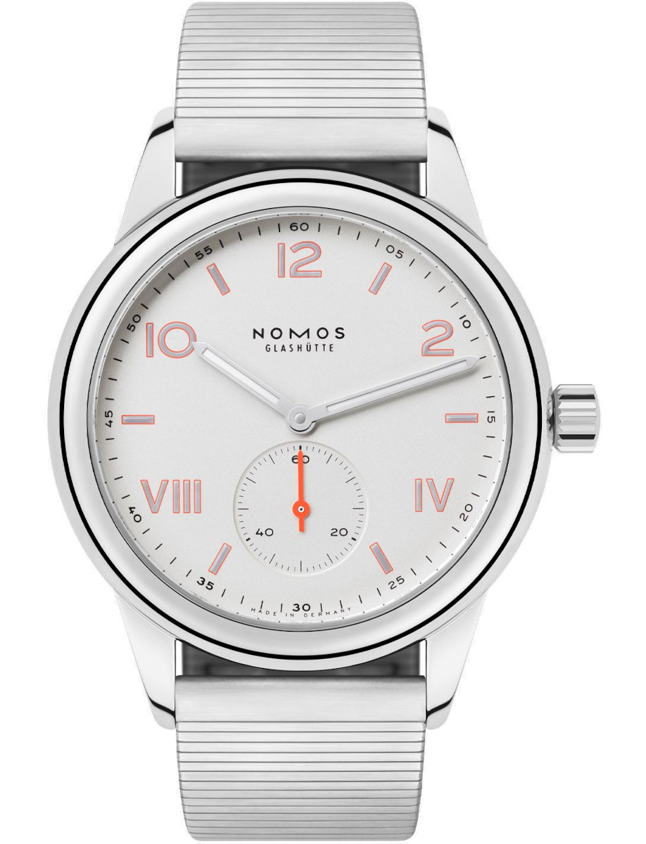 Nomos wristwatch with stainless steel case and bracelet, and white silver-plated dial.