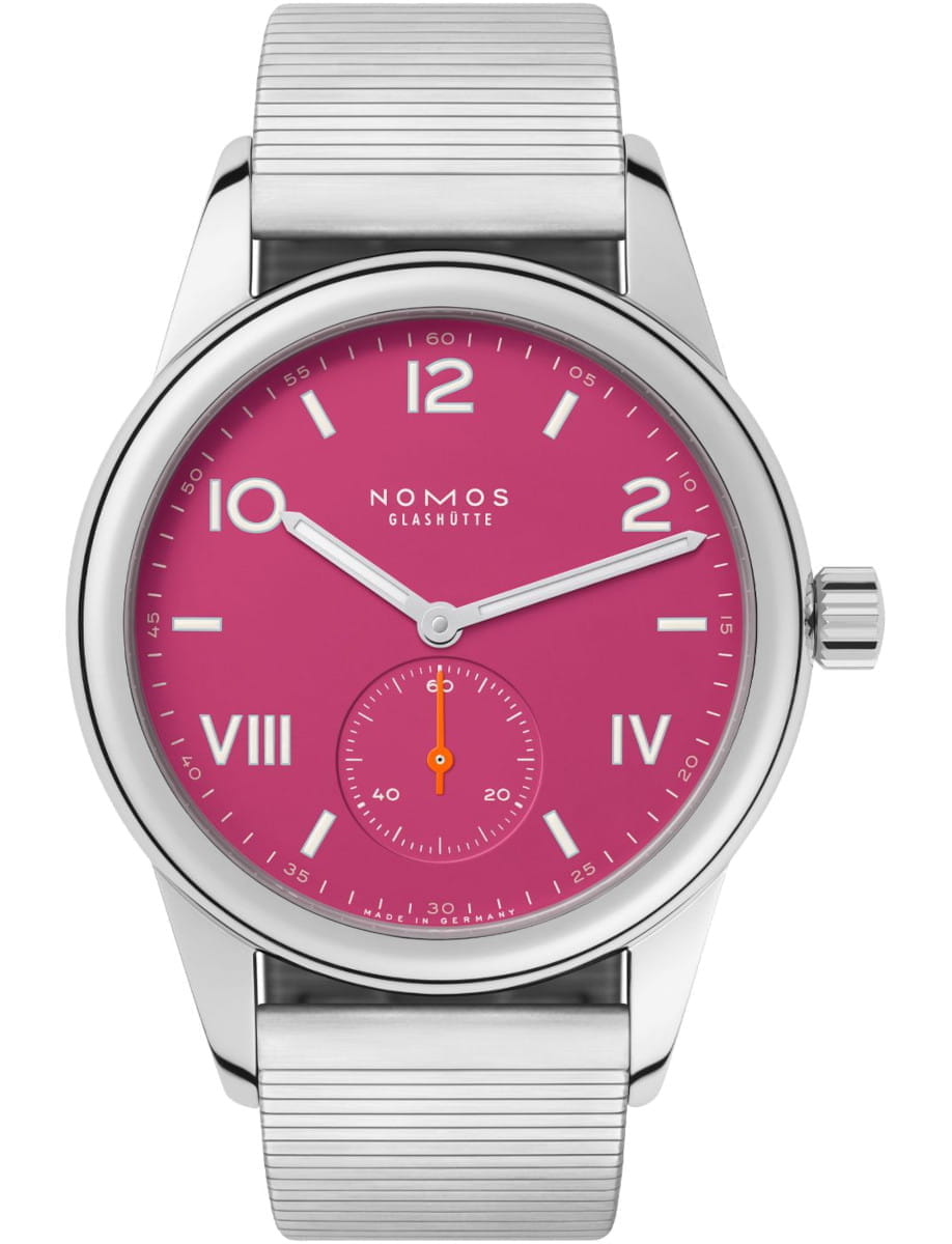 Nomos wristwatch with stainless steel case and bracelet, and deep pink dial.
