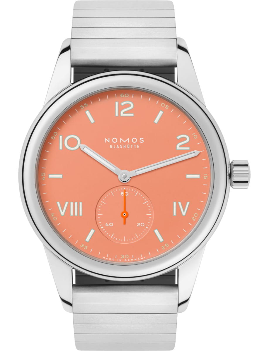 Nomos wristwatch with stainless steel case and sport bracelet, and coral dial.
