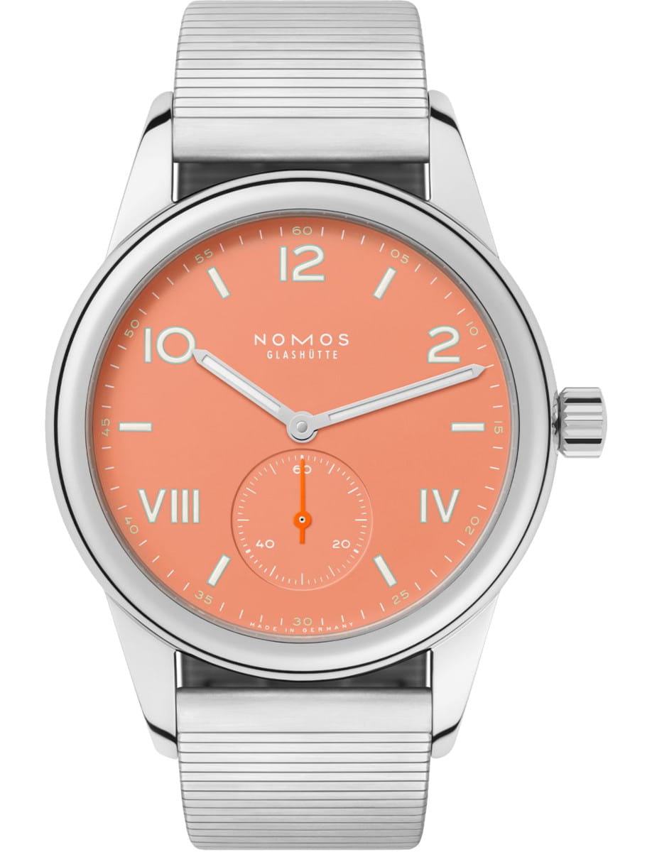 Nomos wristwatch with stainless steel case and bracelet, and deep pink dial.
