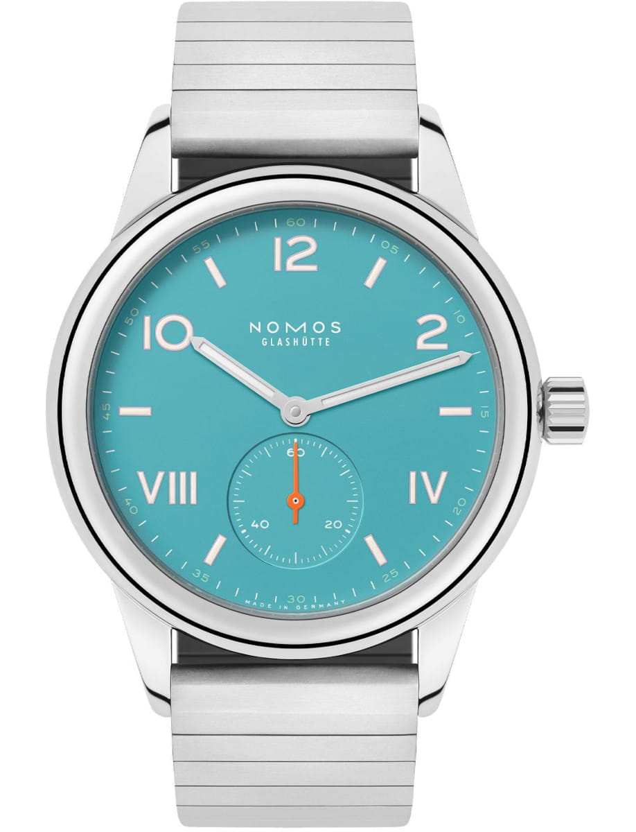 Nomos wristwatch with stainless steel case and sport bracelet, and blue dial.