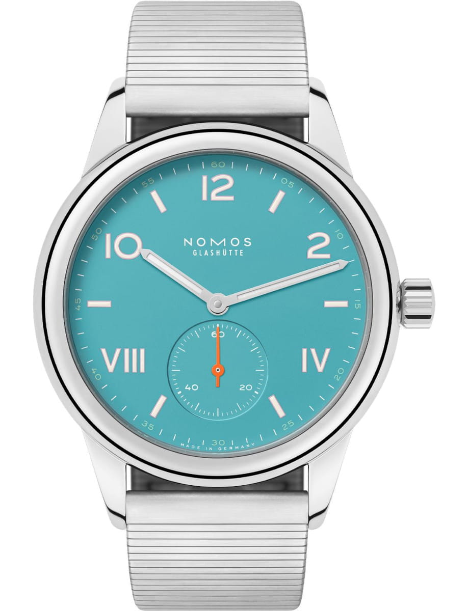 Nomos wristwatch with stainless steel case and bracelet, and blue dial.