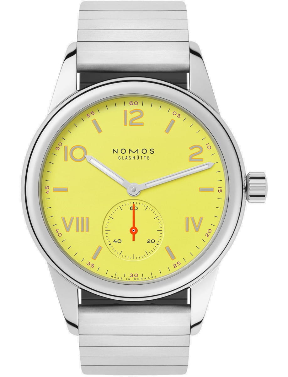 Nomos Club Campus Starlight wristwatch with stainless steel case and sport bracelet, and yellow dial.