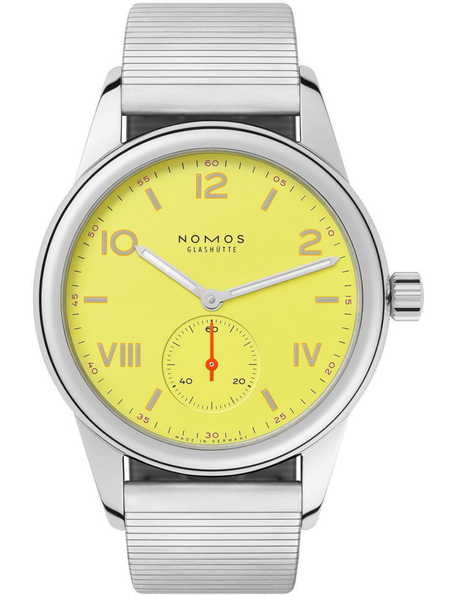 Nomos Club Campus Starlight wristwatch with stainless steel case and bracelet, and yellow dial.
