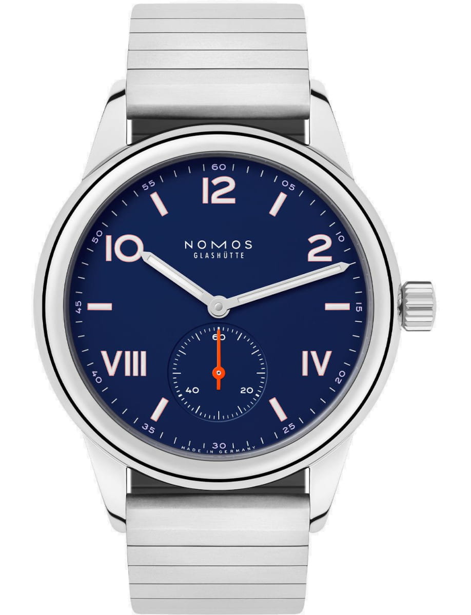 Nomos wristwatch with stainless steel case and sport bracelet, and blue dial.