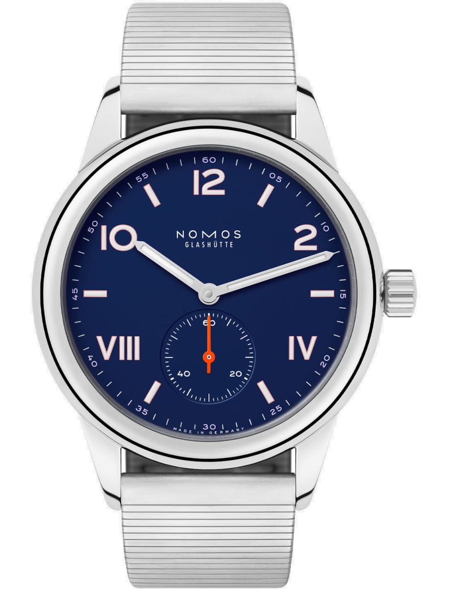 Nomos wristwatch with stainless steel case and bracelet, and blue dial.