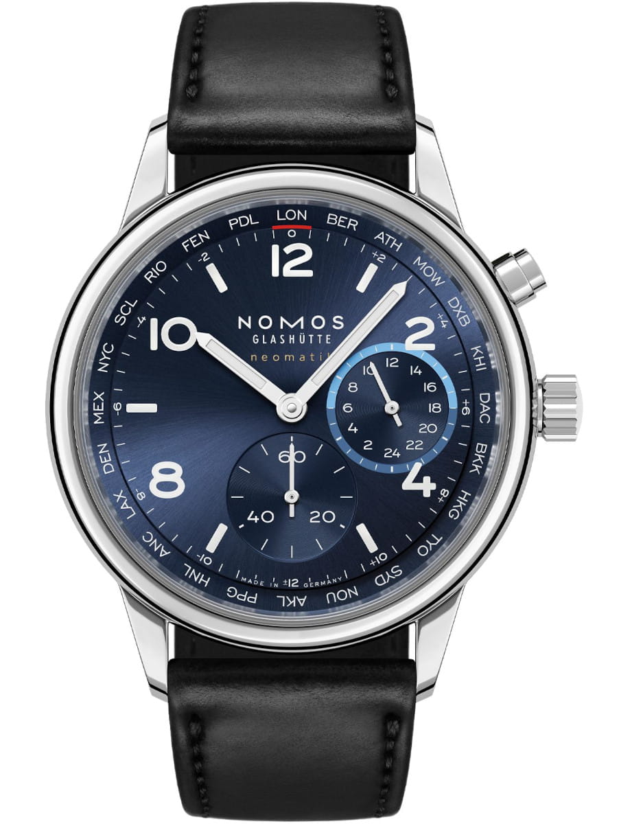 Nomos Club Sport neomatik Worldtimer blue wristwatch with stainless steel case, blue dial, and black Horween strap.