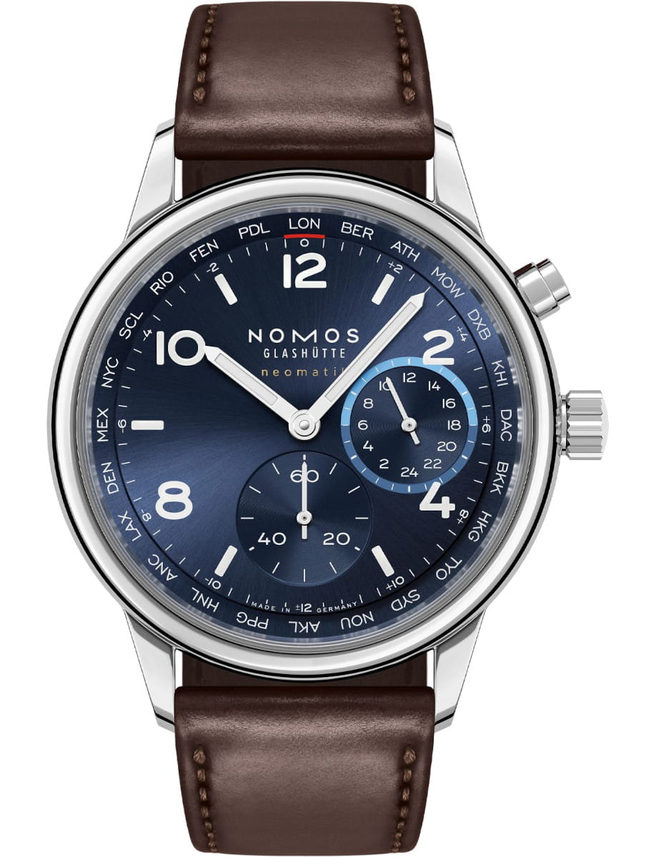Nomos Club Sport neomatik Worldtimer blue wristwatch with stainless steel case, blue dial, and brown Horween strap.