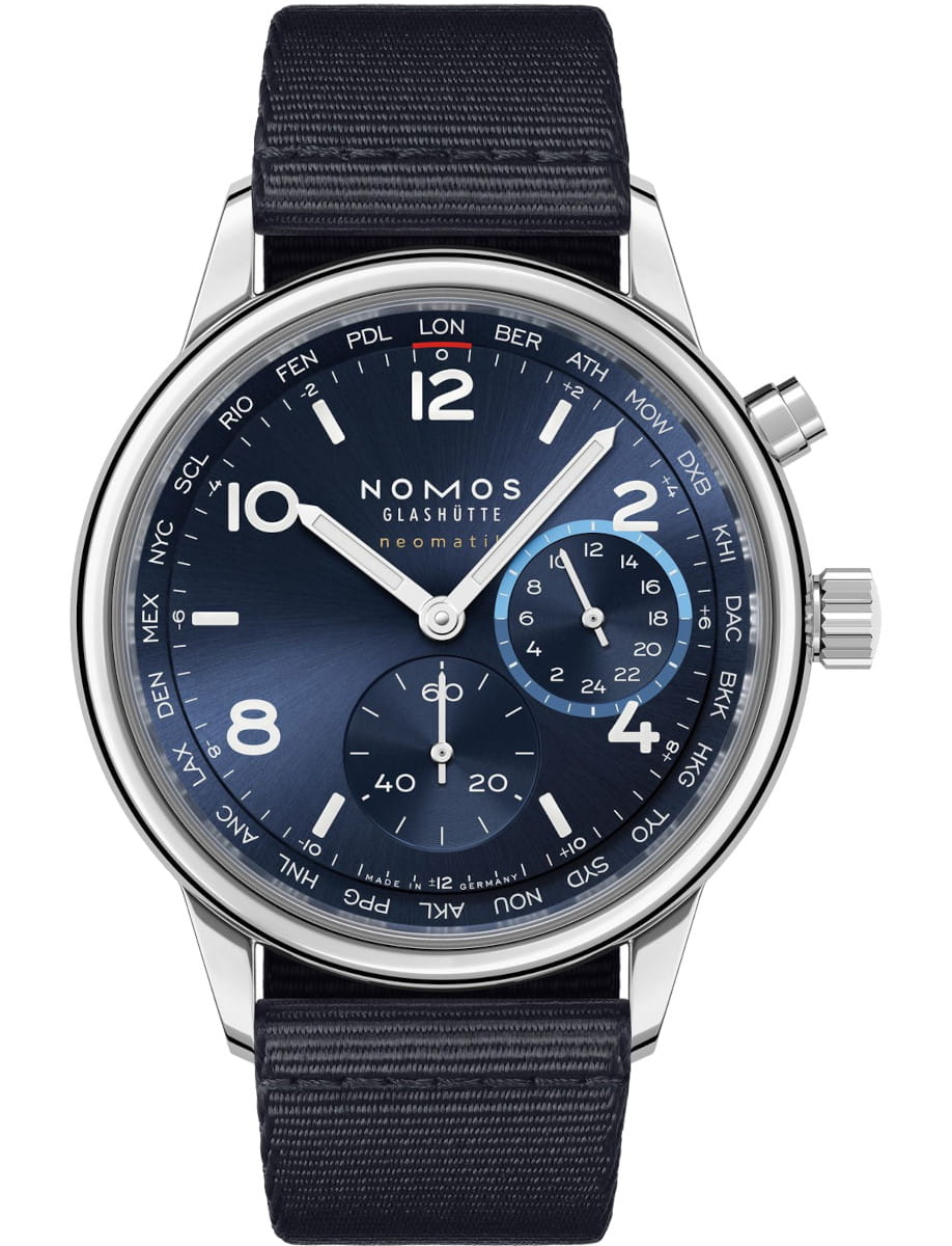 Nomos Club Sport neomatik Worldtimer blue wristwatch with stainless steel case, blue dial, and black-blue woven textile strap.