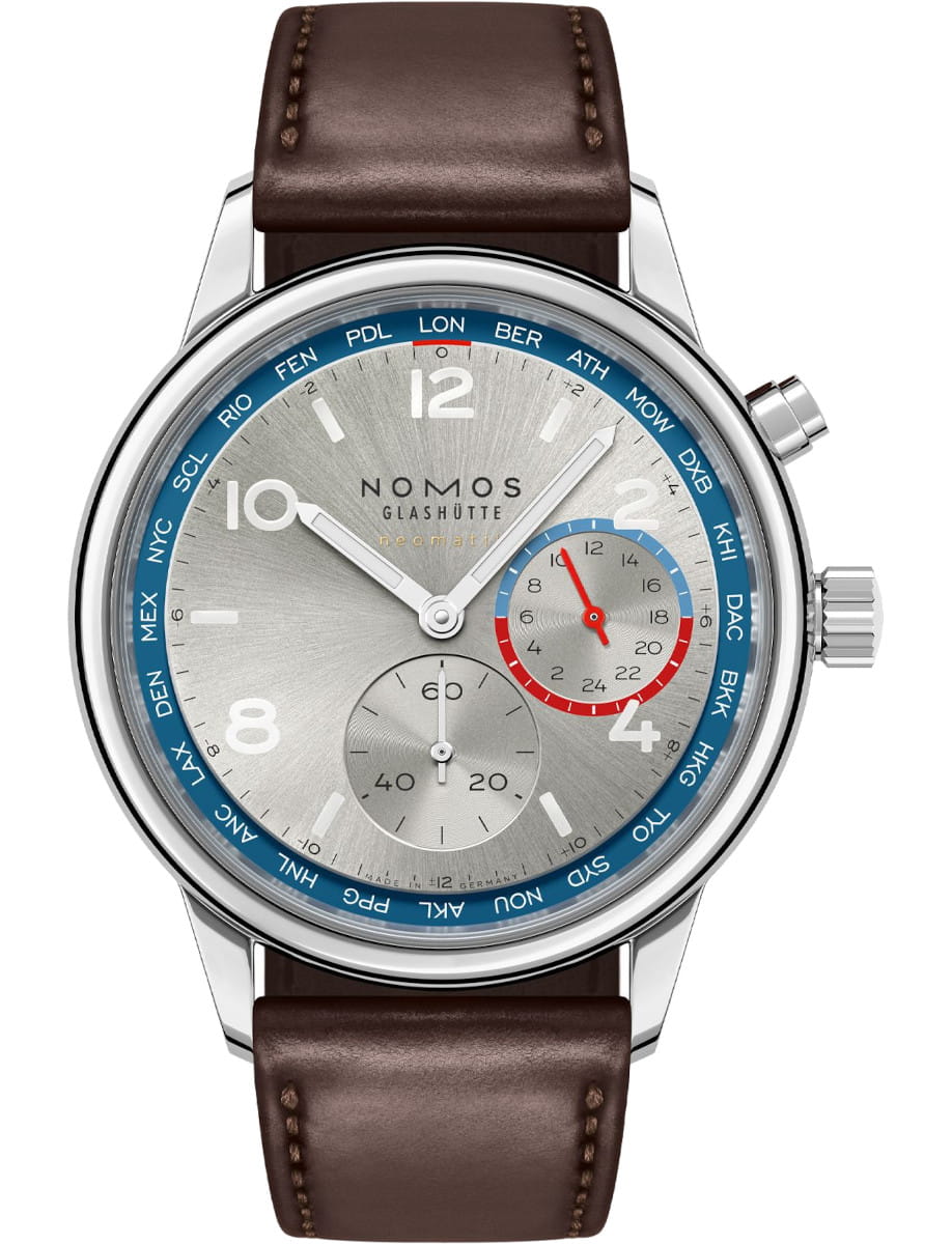 Nomos Club Sport wristwatch with stainless steel case, grey dial, and Horween Genuine Shell Cordovan remborde brown strap.