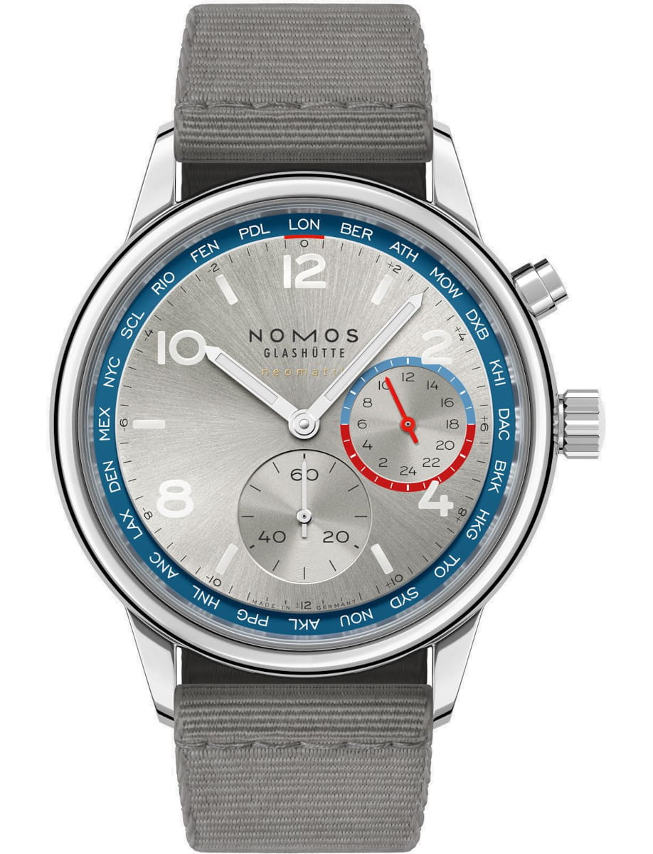 Nomos Club Sport wristwatch with stainless steel case, grey dial, and grey woven textile strap.