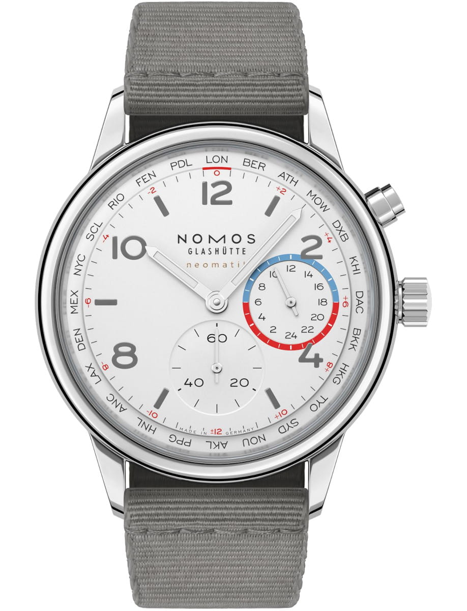 Nomos Club Sport neomatik Worldtimer wristwatch with stainless steel case, white dial, and textile strap.