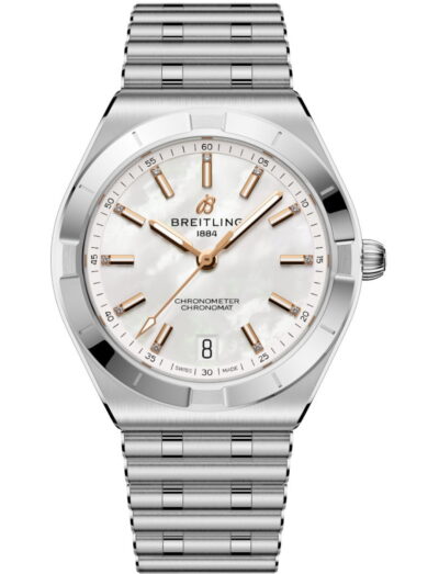 Breitling Chronomat Automatic 36 wristwatch with stainless steel case and bracelet, and white mother-of-pearl dial.