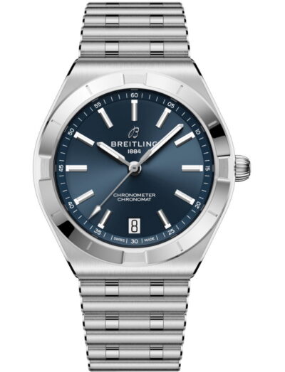 Breitling Chronomat Automatic 36 wristwatch with stainless steel case and bracelet, and blue dial.