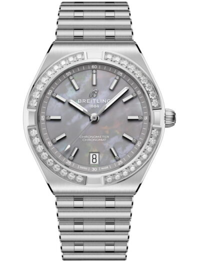 Breitling Chronomat Automatic 36 wristwatch with stainless steel case and bracelet, diamond set bezel, and grey mother-of-pearl dial.