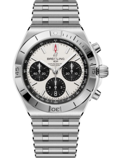 Breitling Chronomat B01 42 wristwatch with stainless steel case and bracelet, white and black panda dial.