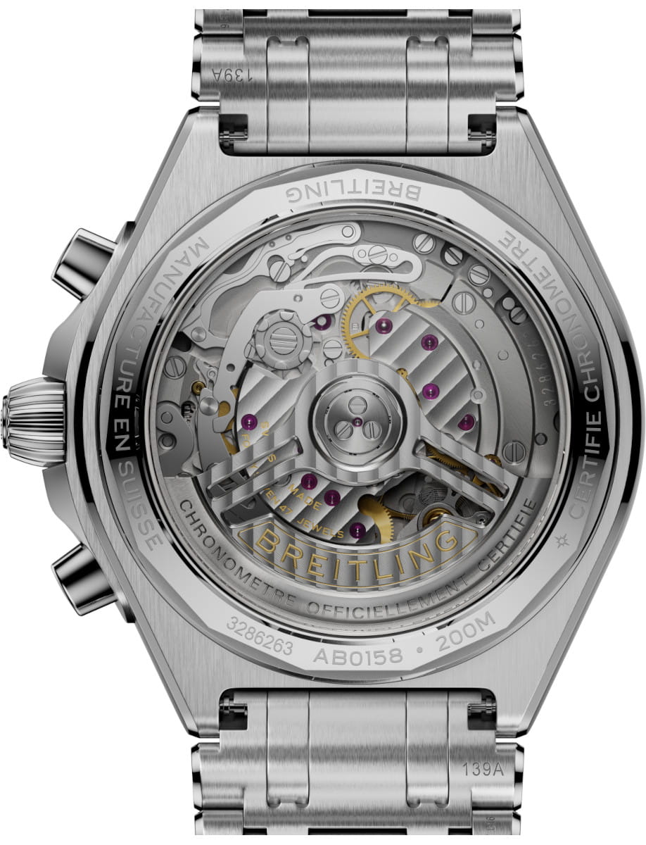 Back view of Breitling Chronomat B01 42 wristwatch with stainless steel case and bracelet, white and black panda dial.