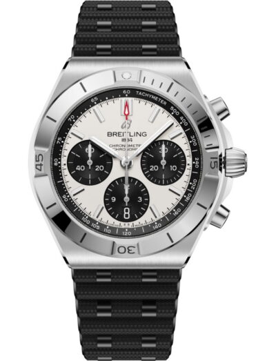 Breitling Chronomat B01 42 wristwatch with stainless steel case, white and black panda dial, and black rubber strap.