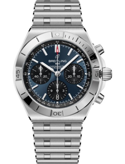 Breitling Chronomat B01 42 wristwatch with stainless steel case and bracelet, and blue and black panda dial.