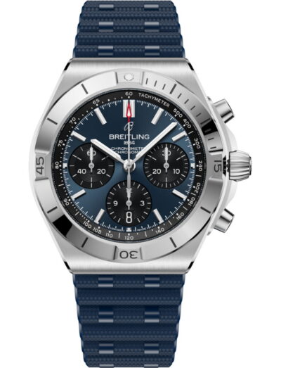 Breitling Chronomat B01 42 wristwatch with stainless steel case, blue and black panda dial, and blue rubber strap.