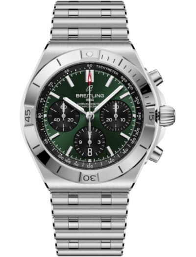 Breitling Chronomat B01 42 wristwatch with stainless steel case and bracelet, and green and black panda dial.