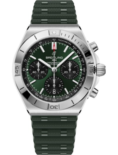 Breitling Chronomat B01 42 wristwatch with stainless steel case, green rubber strap, and green and black panda dial.