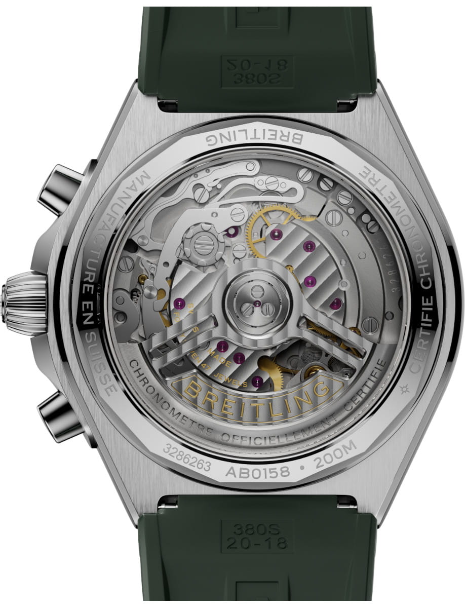 Back view of Breitling Chronomat B01 42 wristwatch with stainless steel case, green rubber strap, and green and black panda dial.