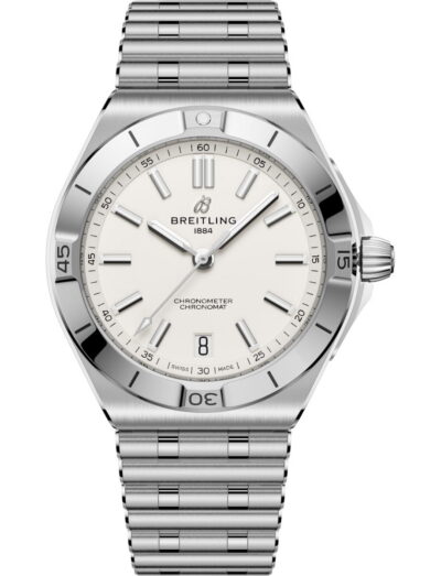 Breitling Chronomat B31 Automatic 40 wristwatch with stainless steel case and bracelet, and white dial.