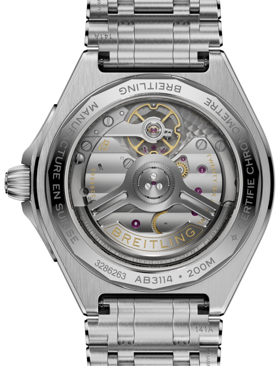 Back view of Breitling Chronomat B31 Automatic 40 wristwatch with stainless steel case and bracelet, and white dial.