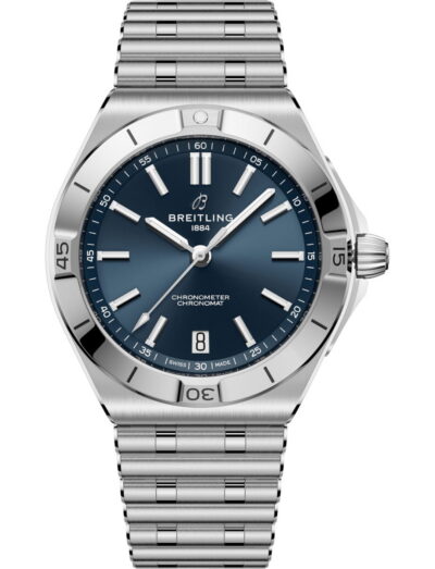 Breitling Chronomat B31 Automatic 40 wristwatch with stainless steel case and bracelet, and blue dial.