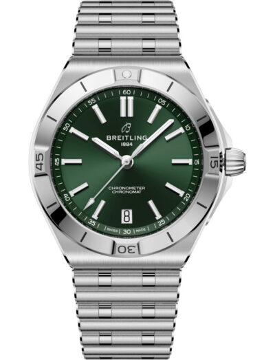 Breitling Chronomat B31 Automatic 40 wristwatch with stainless steel case and bracelet, and green dial.