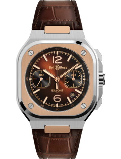 Bell&Ross wristwatch with steel and 18k rose gold case, sunburst brown dial and brown calfskin leather strap