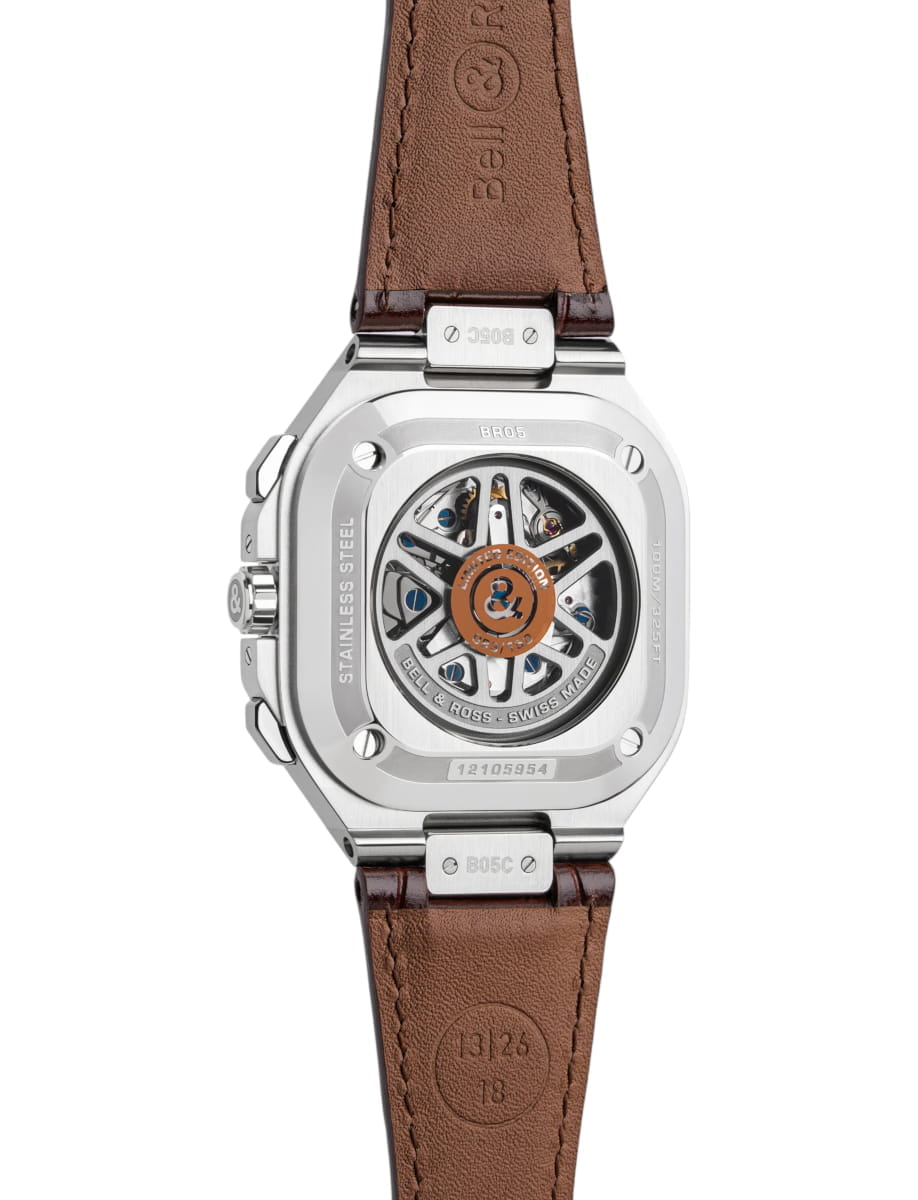 Back view of Bell&Ross wristwatch with steel and 18k rose gold case, sunburst brown dial and brown calfskin leather strap