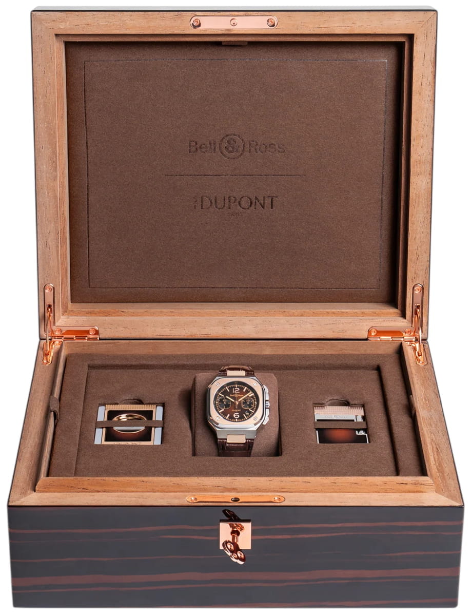 Box view of Bell&Ross wristwatch with steel and 18k rose gold case, sunburst brown dial and brown calfskin leather strap