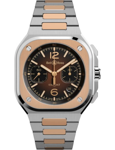 Bell&Ross wristwatch with stainless steel and 18k rose gold case and bracelet, and brown sunray dial.