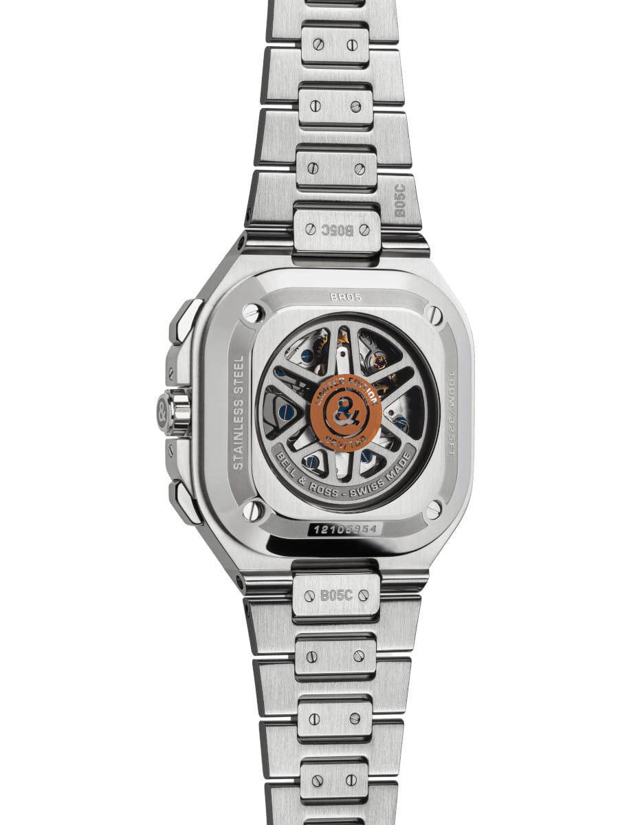 Back view of Bell&Ross wristwatch with stainless steel and 18k rose gold case and bracelet, and open case back.