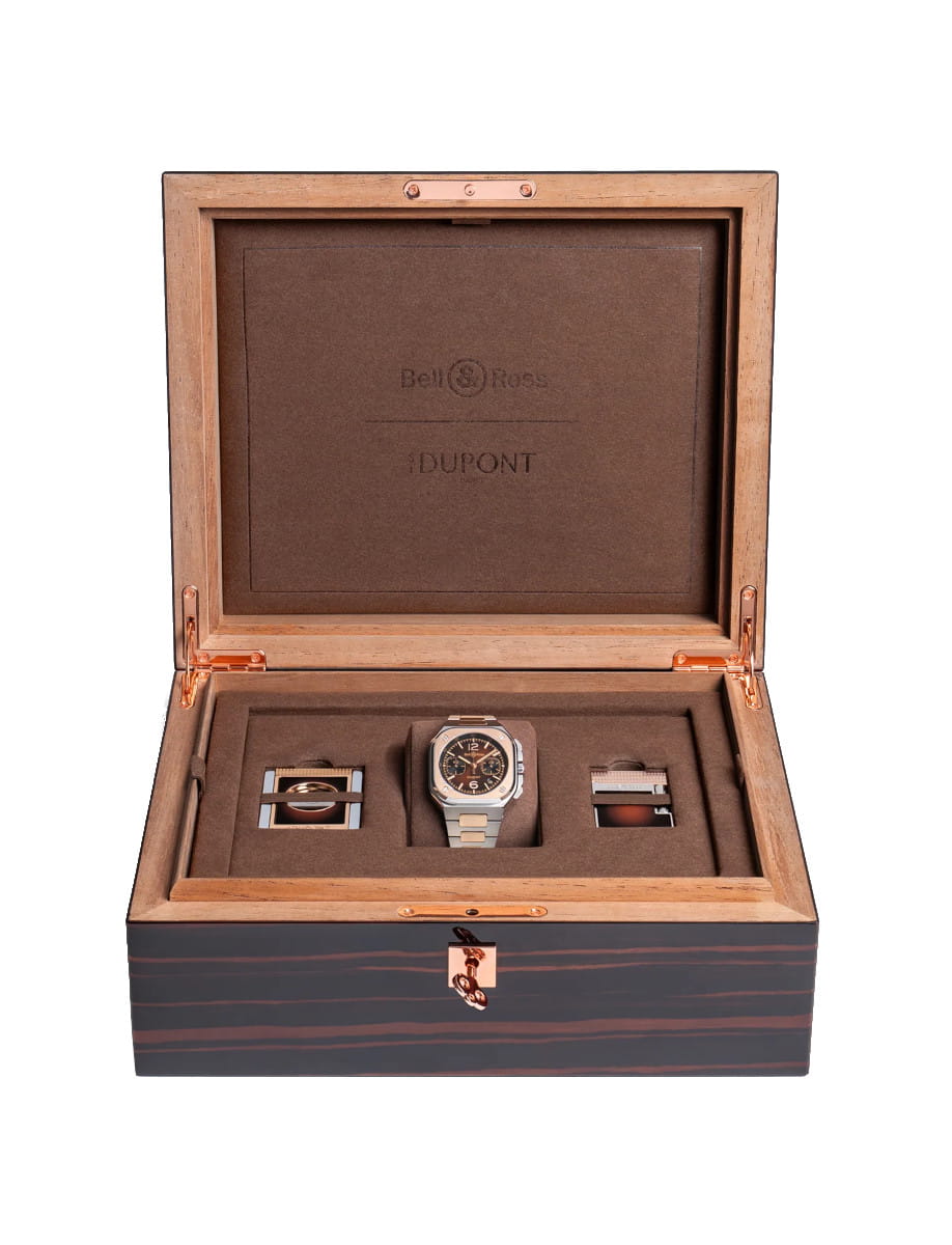 Box view of Bell&Ross wristwatch with stainless steel and 18k rose gold case and bracelet, and brown sunray dial.