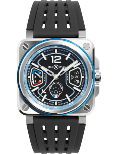 Bell&Ross BR-X3 Patrouille de France wristwatch with stainless steel case, black rubber strap, and matt black base dial with blue and white skeletonised applique.