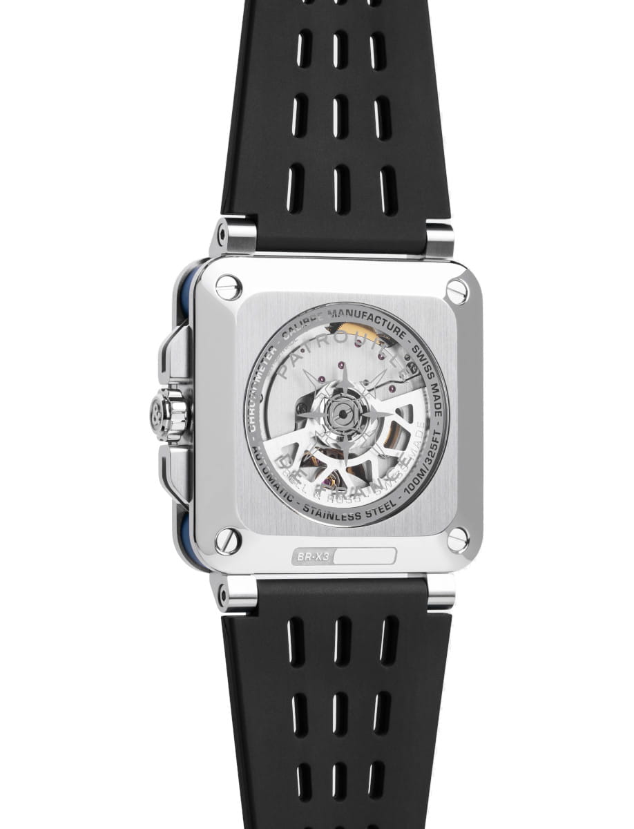 Back view of Bell&Ross BR-X3 Patrouille de France wristwatch with stainless steel case, black rubber strap, and open case back.