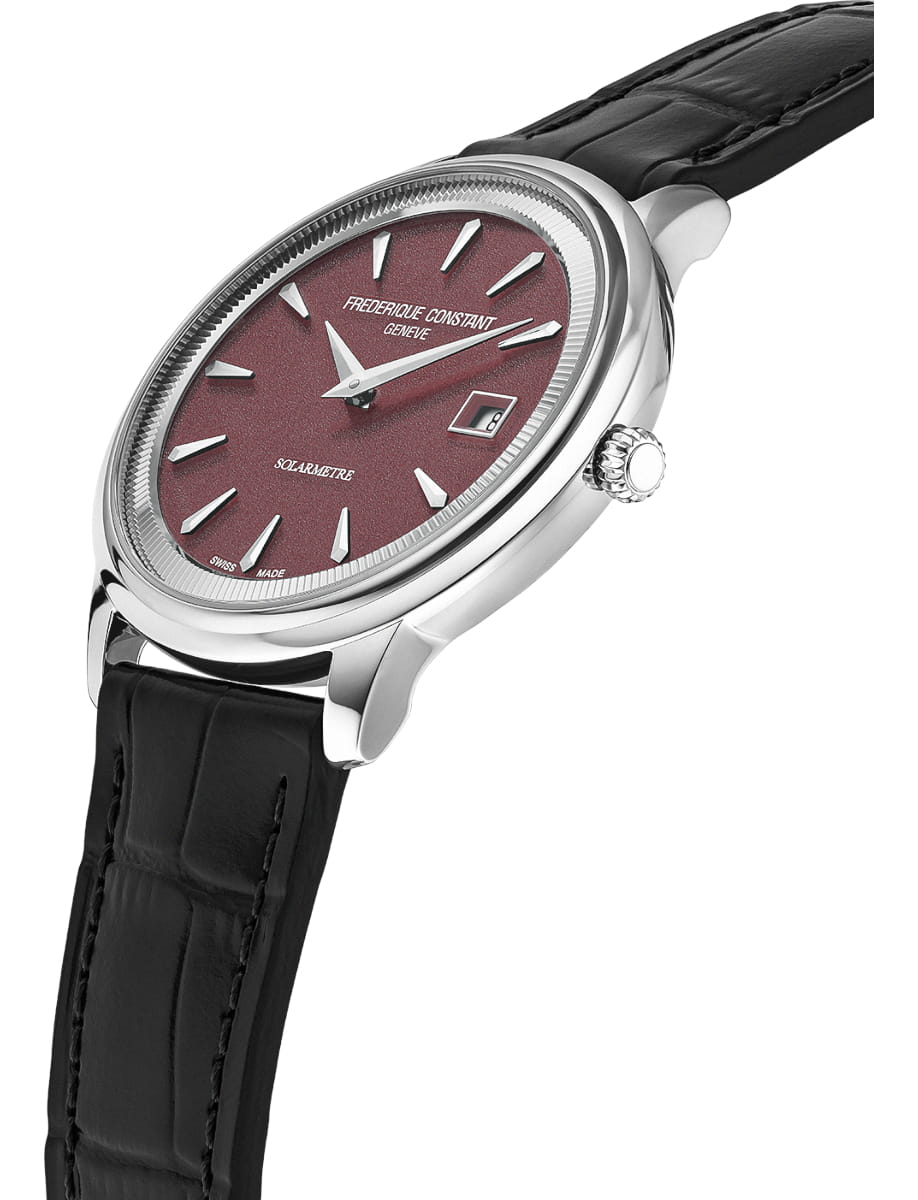 Side view of Frederique Constant wristwatch with stainless steel case, burgundy dial and genuine leather strap