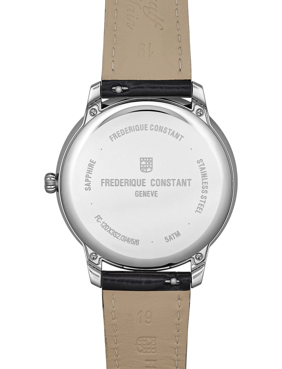 Back view of Frederique Constant wristwatch with stainless steel case, burgundy dial and genuine leather strap