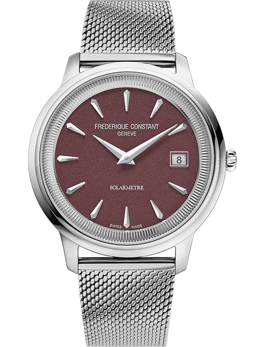 Frederique Constant wristwatch with stainless steel case, burgundy dial and Milanese mech strap
