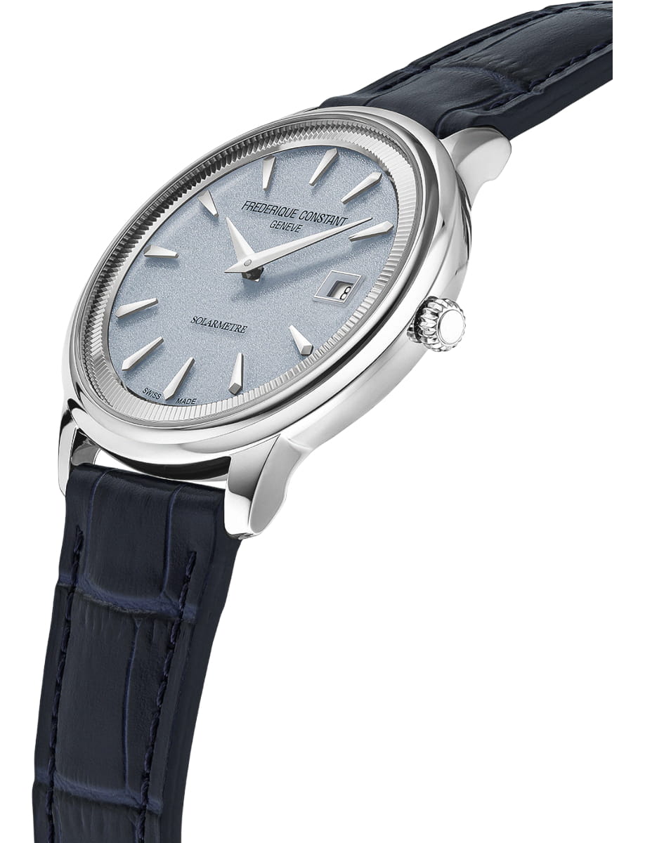 Side view of Frederique Constant wristwatch with stainless steel case, blue dial and genuine leather strap