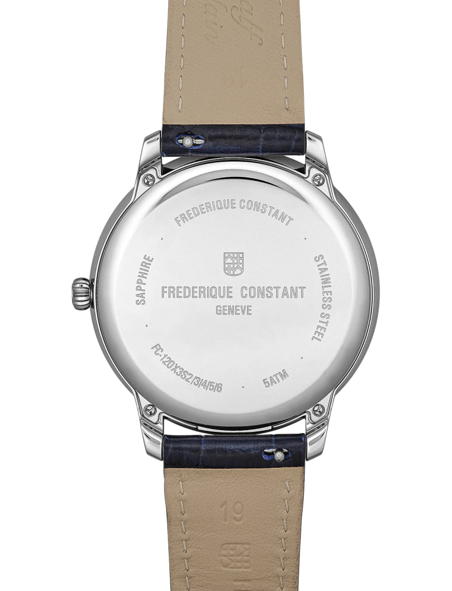 Back view of Frederique Constant wristwatch with stainless steel case, blue dial and genuine leather strap