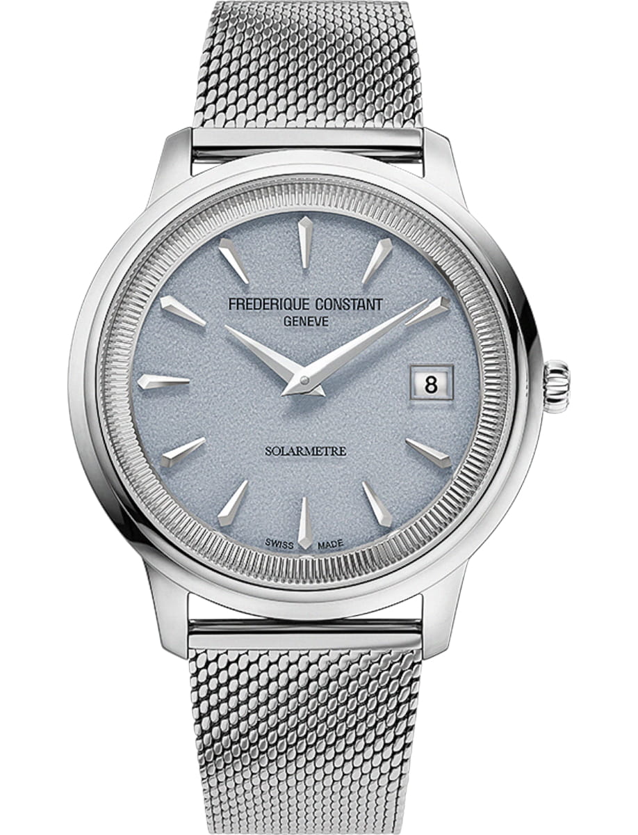Frederique Constant wristwatch with stainless steel case, blue dial and Milanese mech bracelet