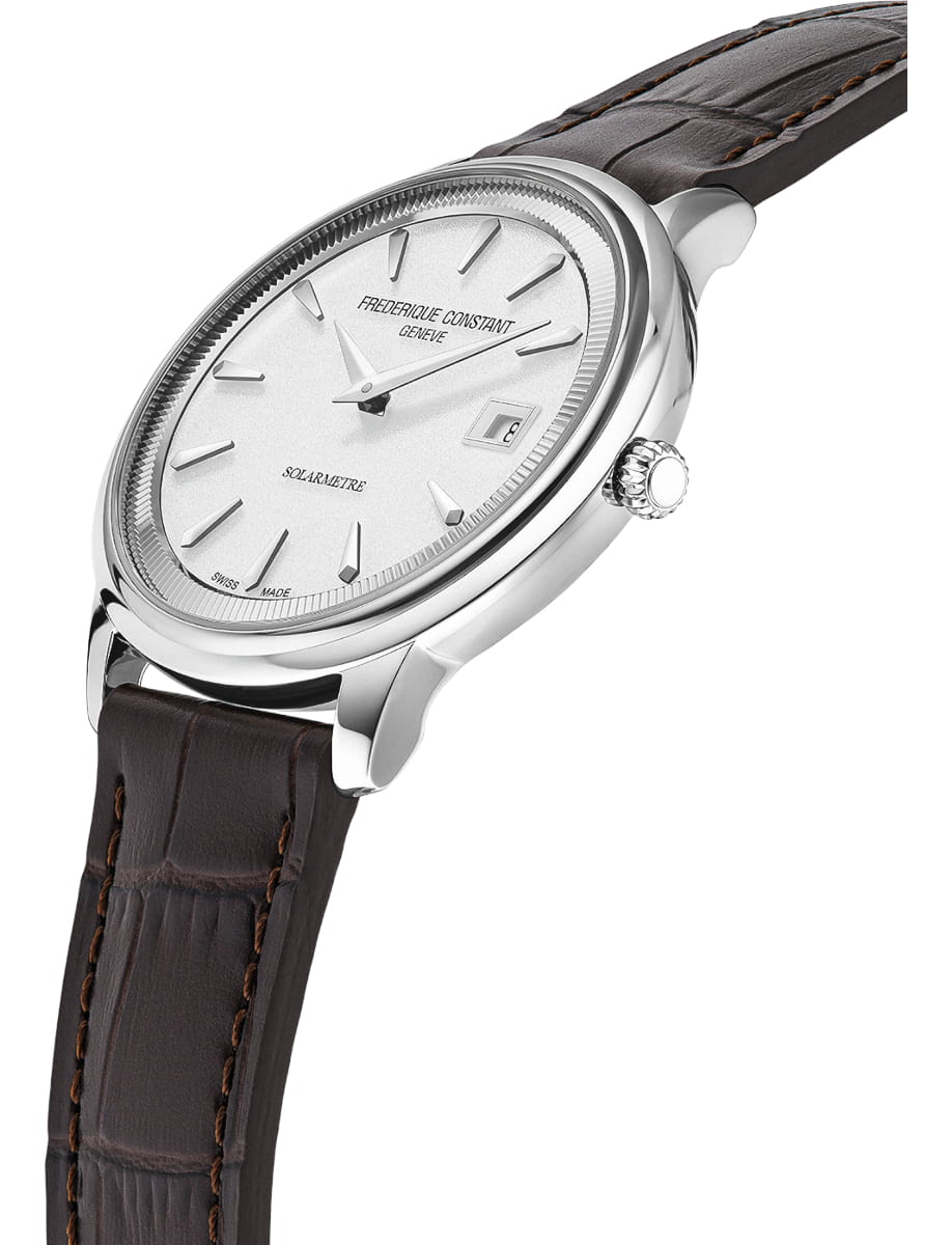Side view of Frederique Constant wristwatch with stainless steel case, white dial and genuine leather strap