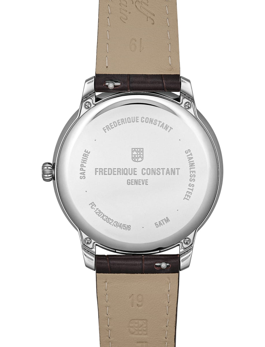 Back view of Frederique Constant wristwatch with stainless steel case, white dial and genuine leather strap