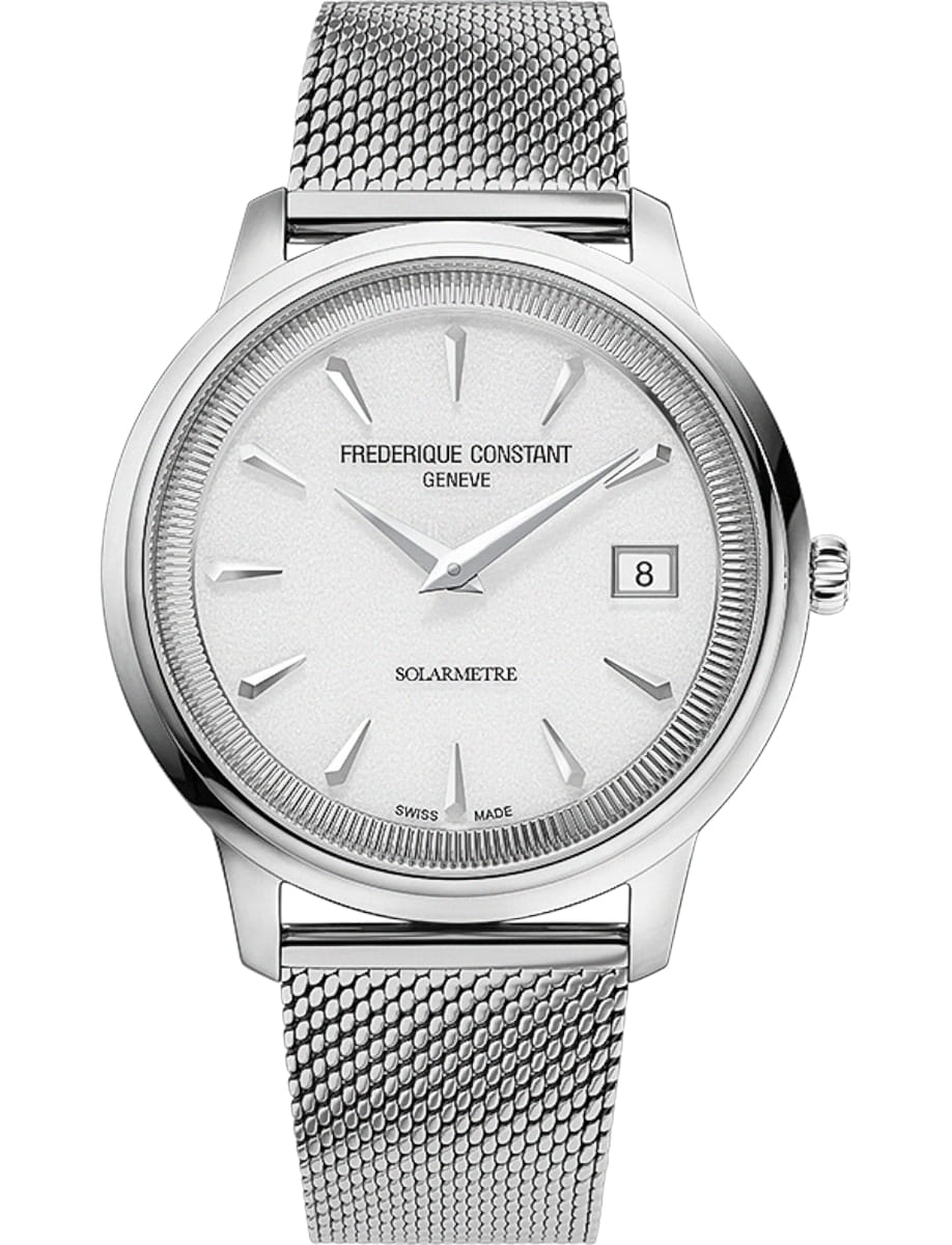 Frederique Constant wristwatch with stainless steel case, white dial and Milanese mech bracelet
