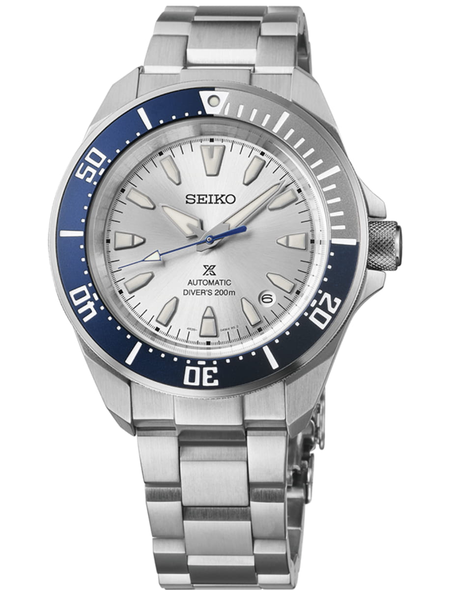 Front view of Seiko wristwatch with stainless steel case and bracelet and silver white dial