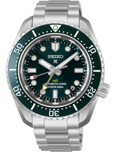 Seiko Prospex wristwatch with stainless steel case and bracelet, and green dial.